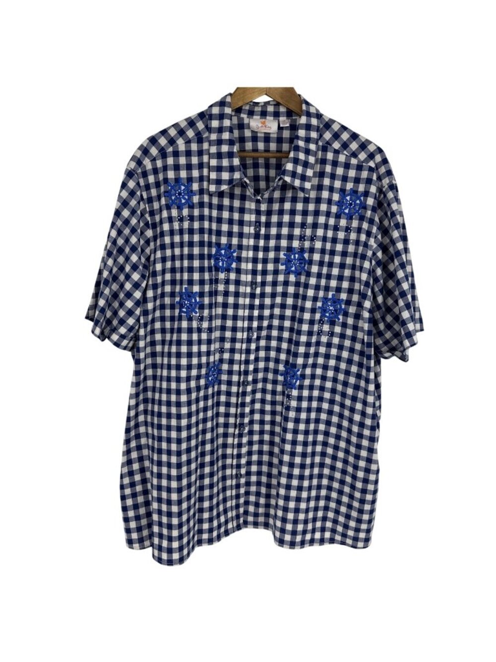 Quacker Factory Embroidered Gingham Button Front Shirt Navy/Ship Wheel Size 3X